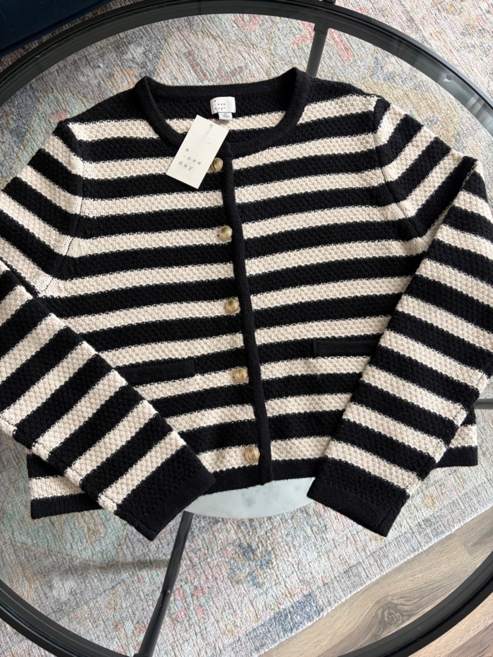 Striped Black and Cream Button-Front Women's Cardigan Size M